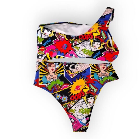 Womens Swimsuit Popart Sz XL Comic Print One Shoulder Connect 2 PC High Cut Swim - Picture 3 of 11